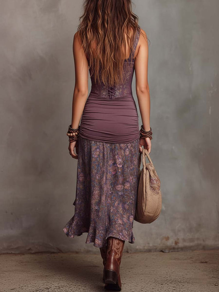 Retro Floral Ruched Midi Dress with Corset Bodice