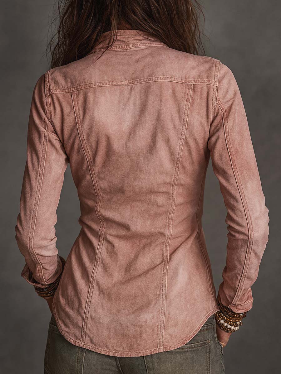 Retro Distressed Denim Zip-Up Shirt