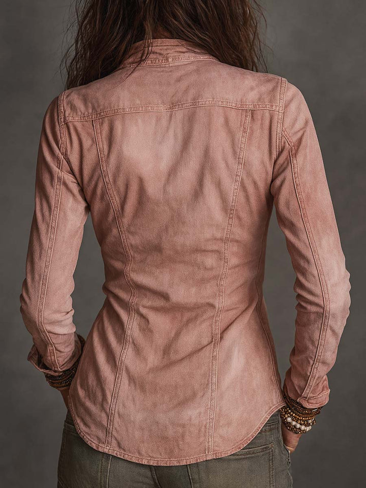 Retro Distressed Denim Zip-Up Shirt