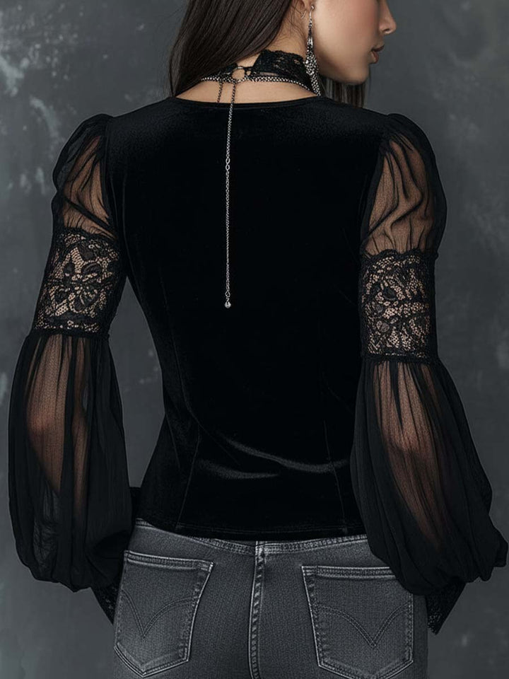 Vintage Velvet Blouse with Henley Collar, Sheer Sleeves, and Lace Trim