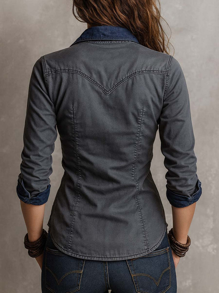 Retro Distressed Zip-Up Long Sleeve Denim Shirt