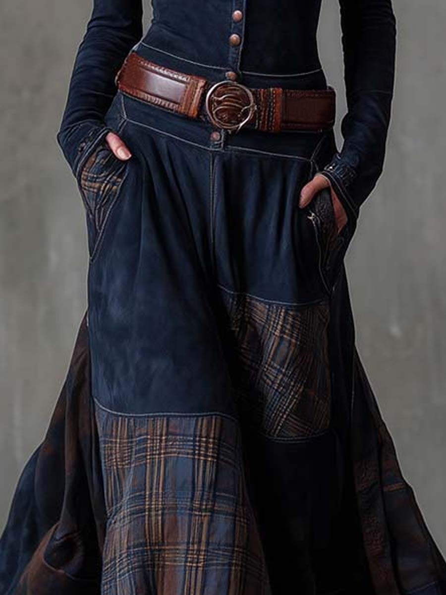 Retro Patchwork Suede Maxi Dress Featuring Plaid Accents