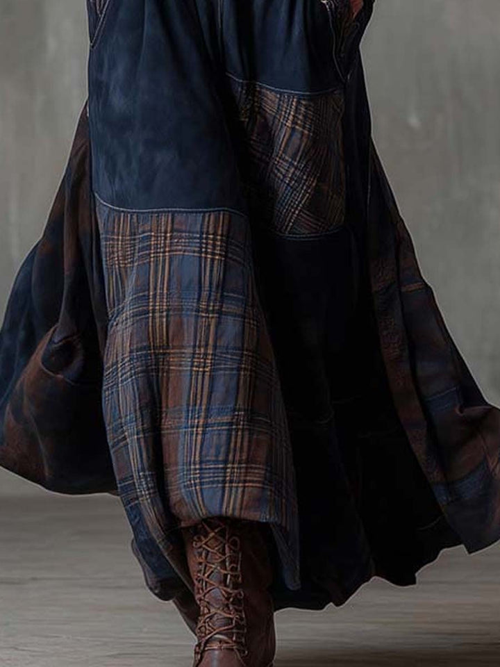 Retro Patchwork Suede Maxi Dress Featuring Plaid Accents