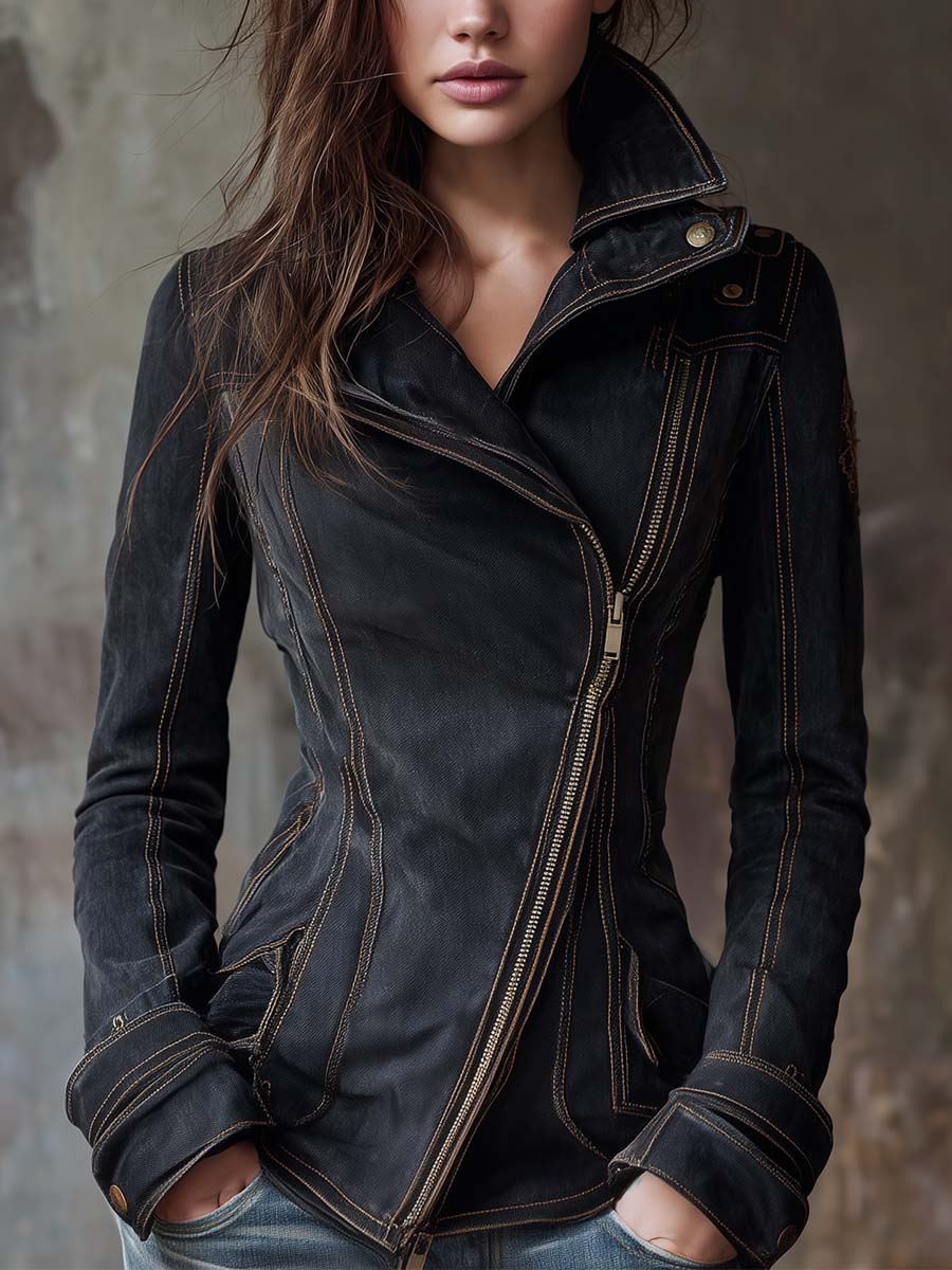 Vintage Washed Denim Biker Jacket – Dark Grey Edge