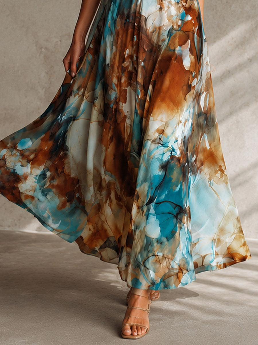 Μάξι Φόρεμα Chiffon με Boho Υδατογραφική Εκτύπωση