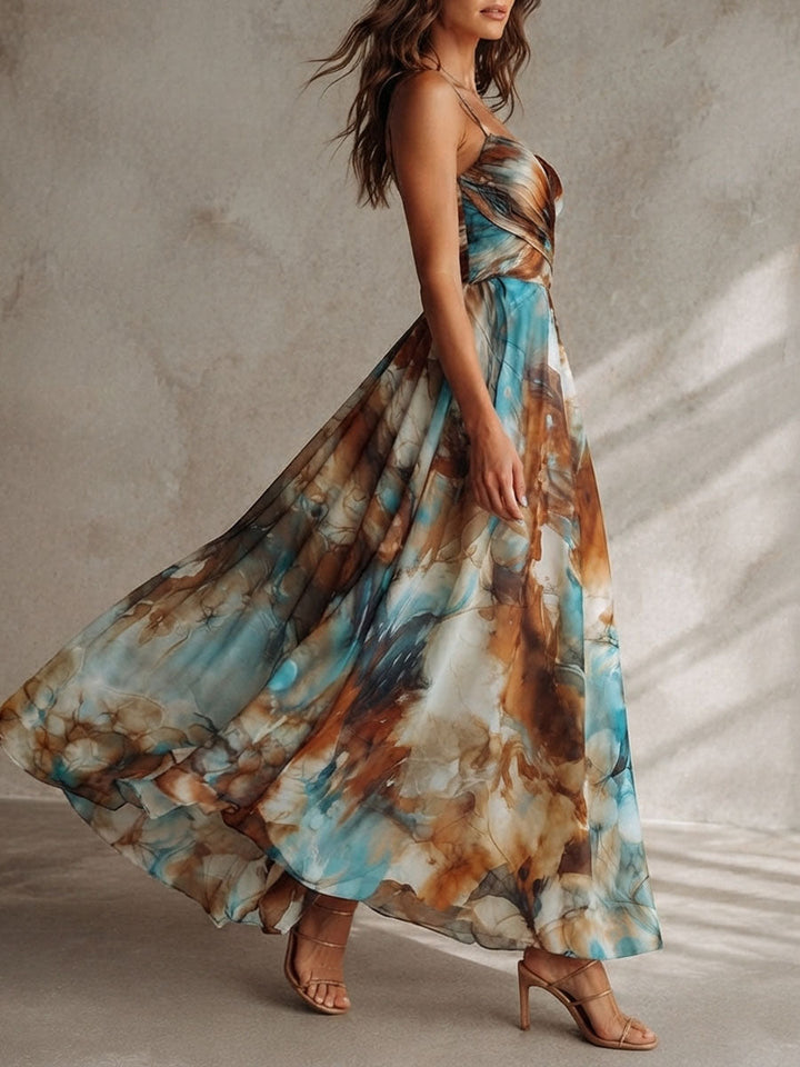 Μάξι Φόρεμα Chiffon με Boho Υδατογραφική Εκτύπωση