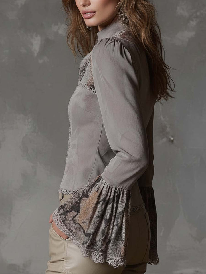 Retro Patchwork Eco-Suede Blouse with Lace and Floral Patterns