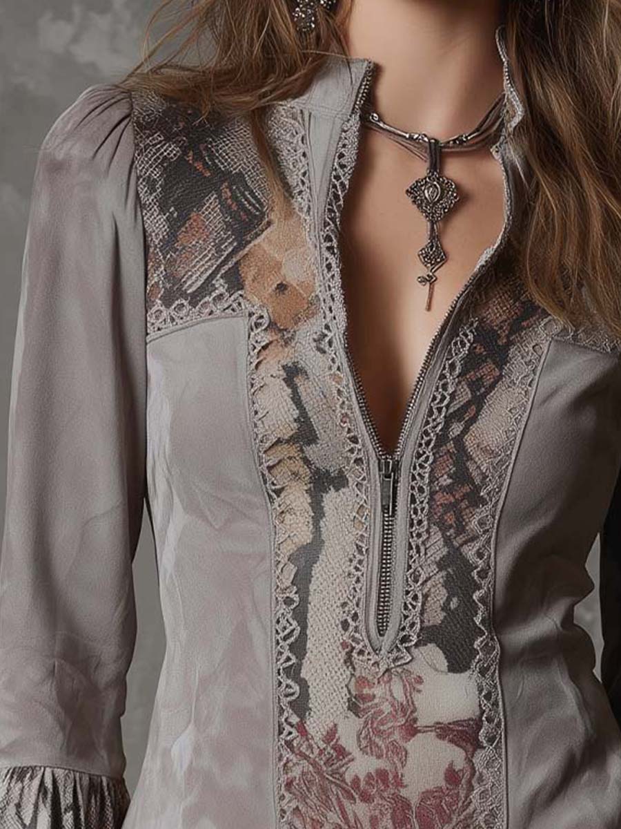 Retro Patchwork Eco-Suede Blouse with Lace and Floral Patterns