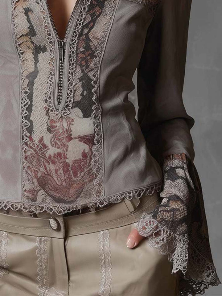 Retro Patchwork Eco-Suede Blouse with Lace and Floral Patterns