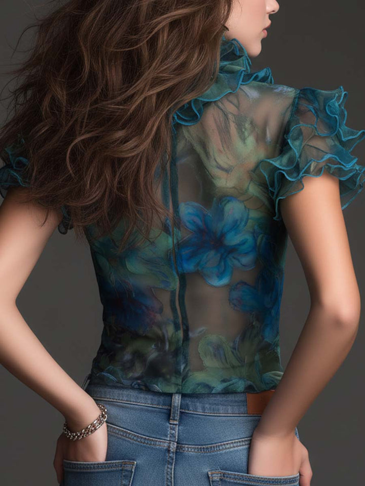 Vintage Bohemian Sheer Floral Ruffle Mesh Blouse