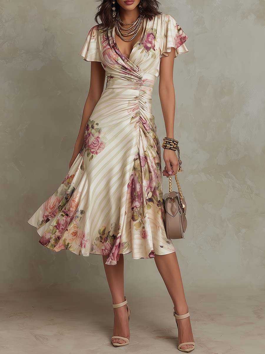 Κομψό Vintage Floral Midi Φόρεμα από Σατέν