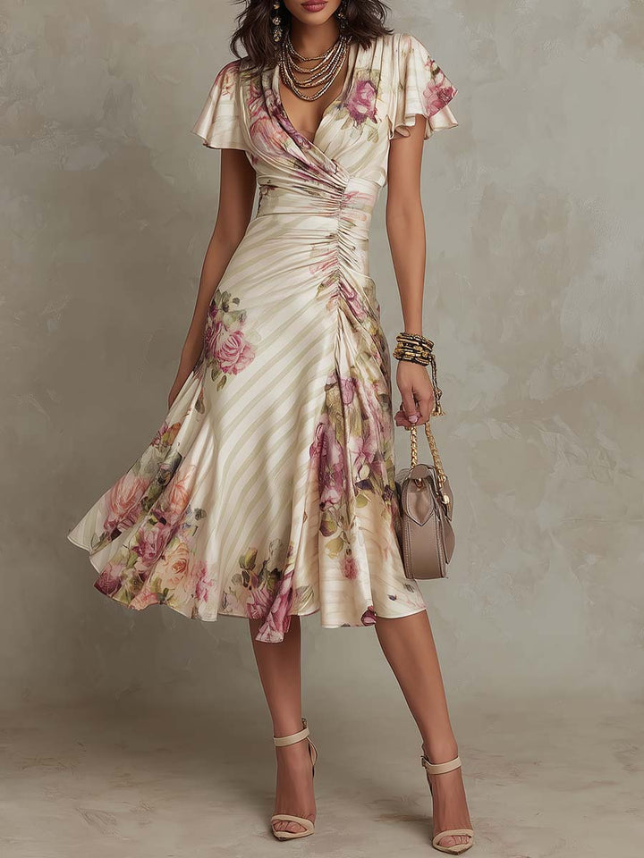 Κομψό Vintage Floral Midi Φόρεμα από Σατέν