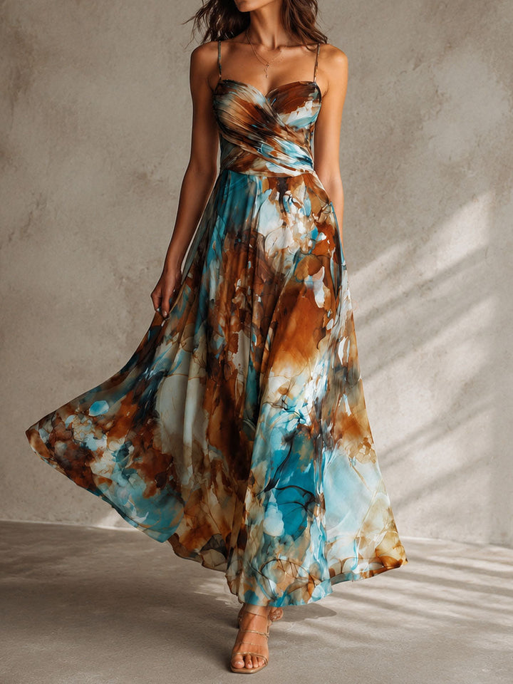 Μάξι Φόρεμα Chiffon με Boho Υδατογραφική Εκτύπωση