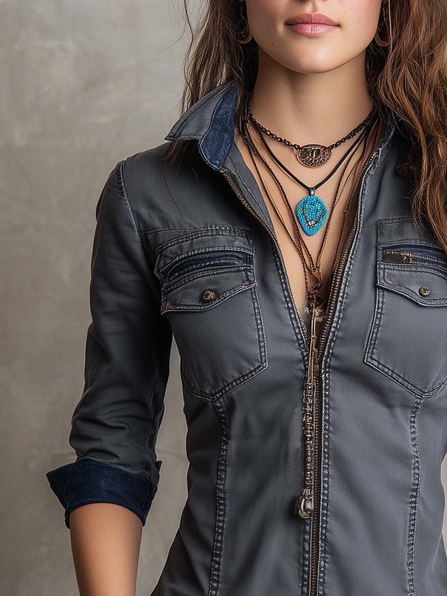 Retro Distressed Zip-Up Long Sleeve Denim Shirt