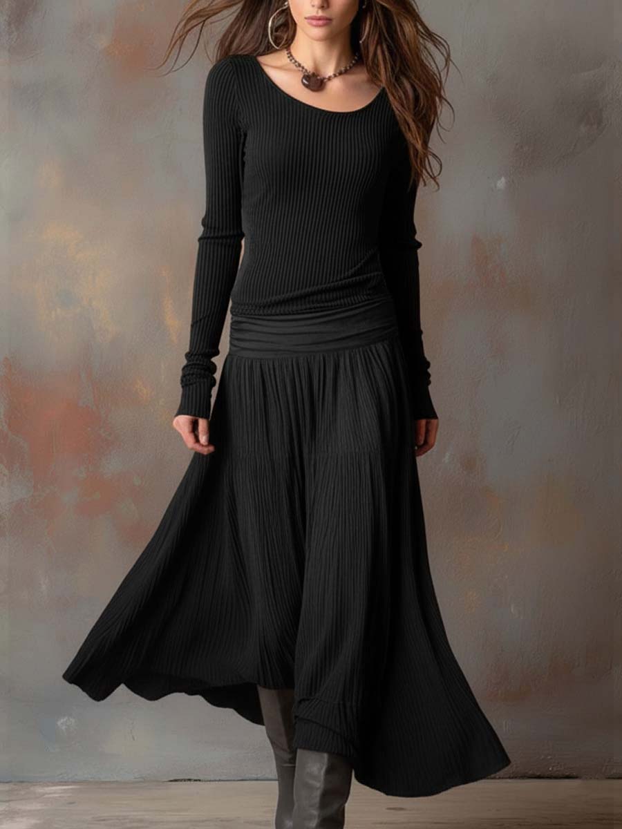Charcoal Gray Vintage Ribbed Knit Maxi Dress