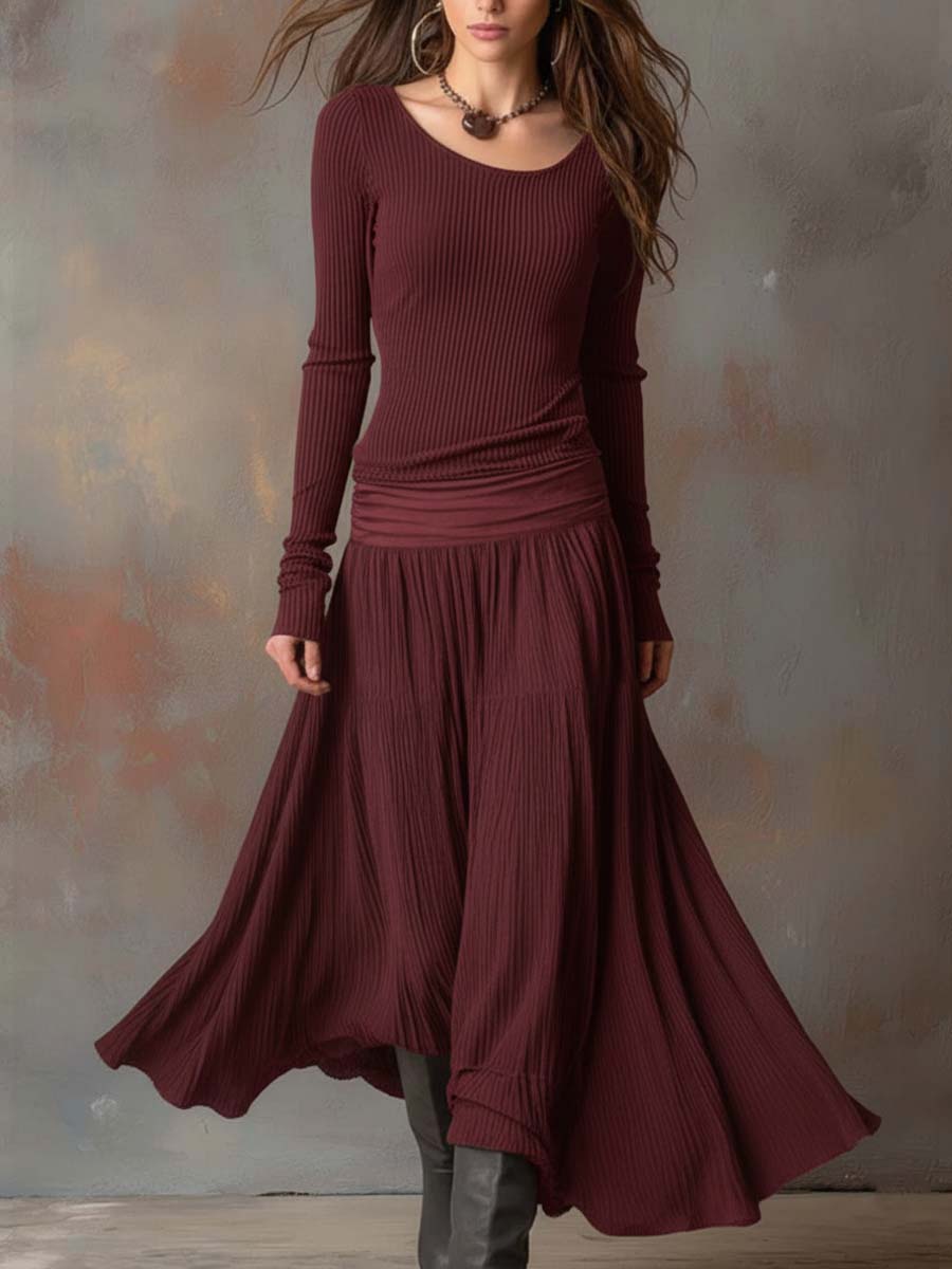 Charcoal Gray Vintage Ribbed Knit Maxi Dress