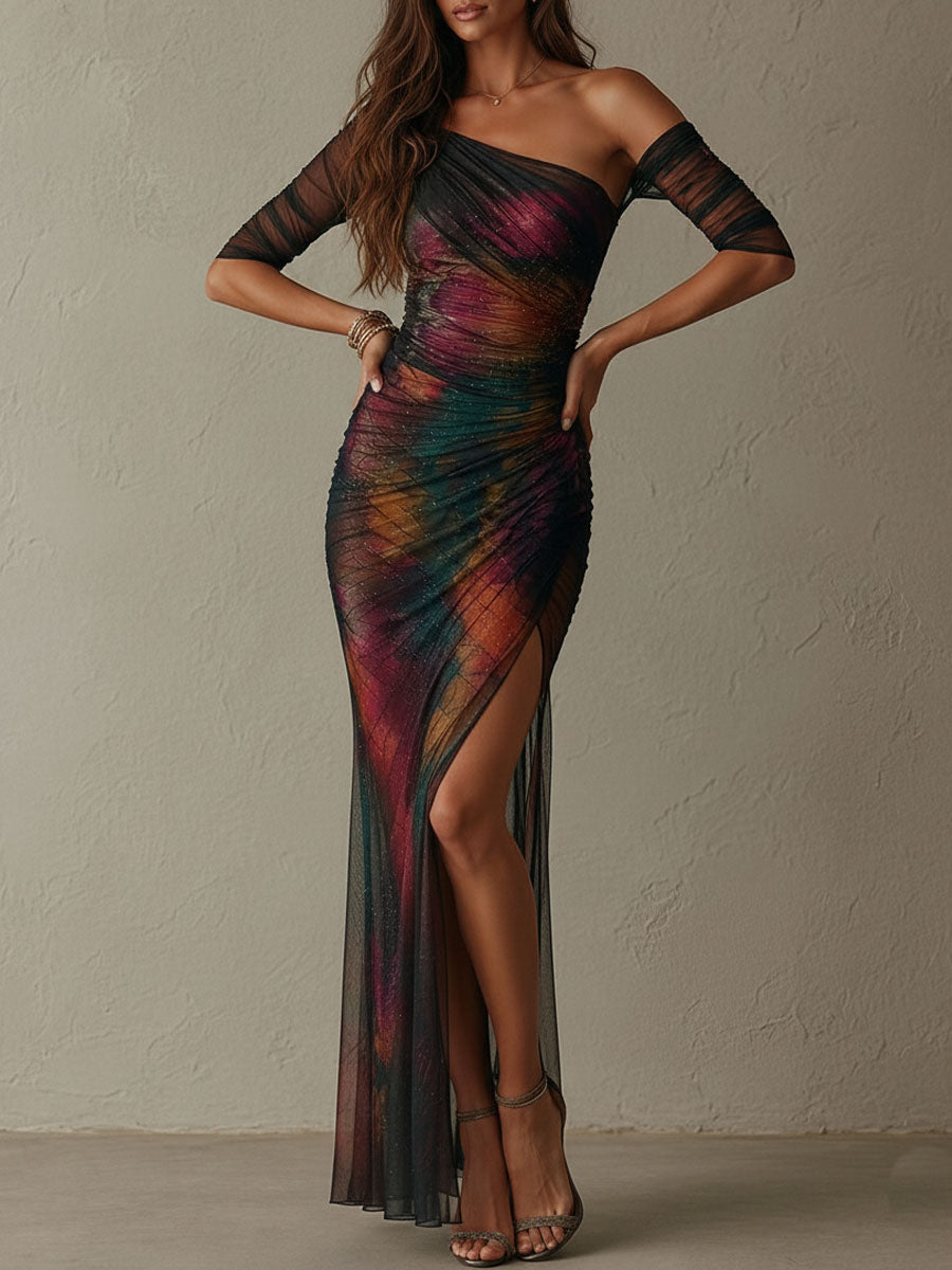 Ρετρό Elegant Galaxy Print One-Shoulder Ραμμένο Mesh Maxi Φόρεμα για Βραδινές Εξόδους