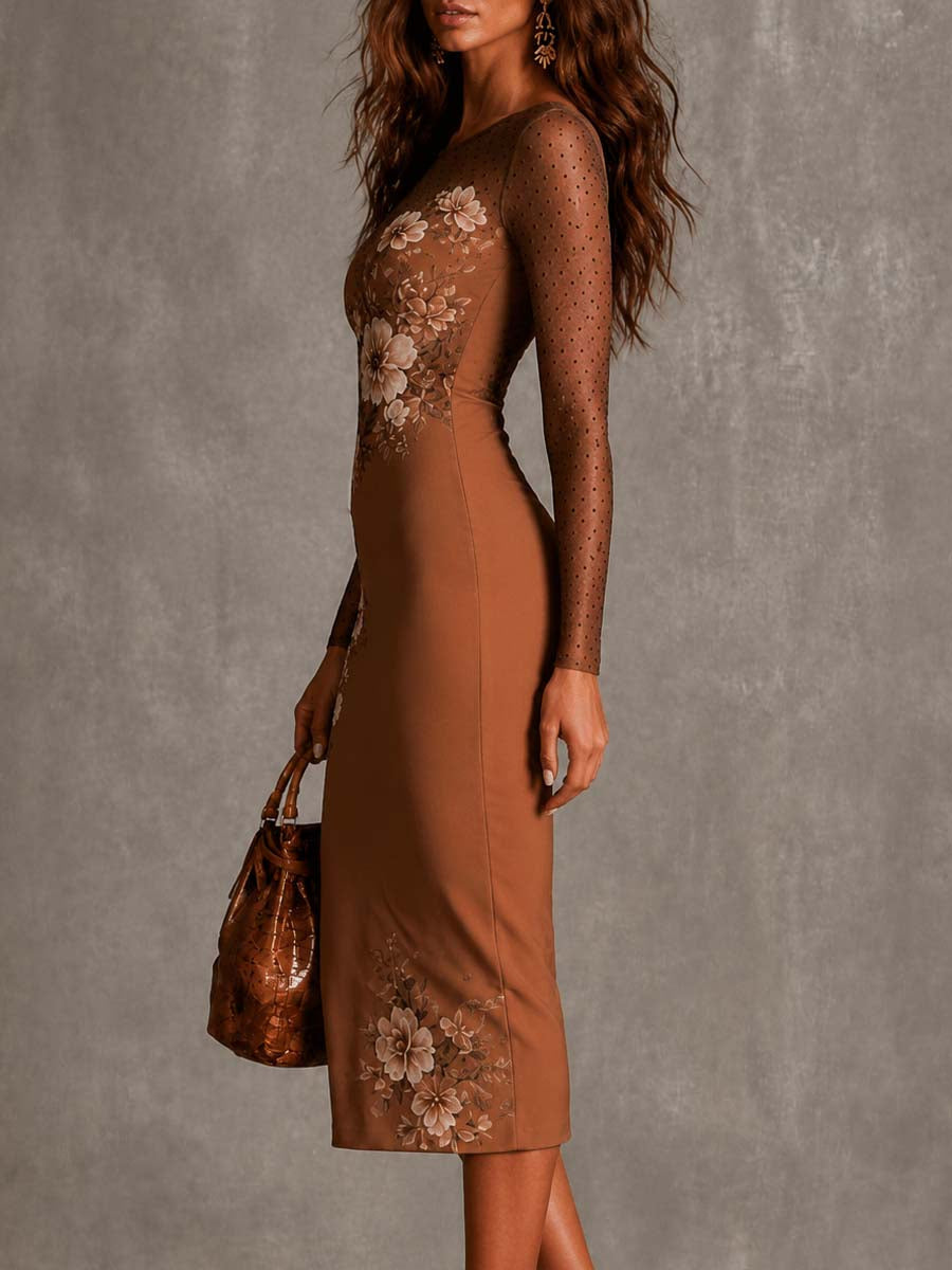 Retro Floral Polka Dot Mesh Long Sleeve Bodycon Midi Dress