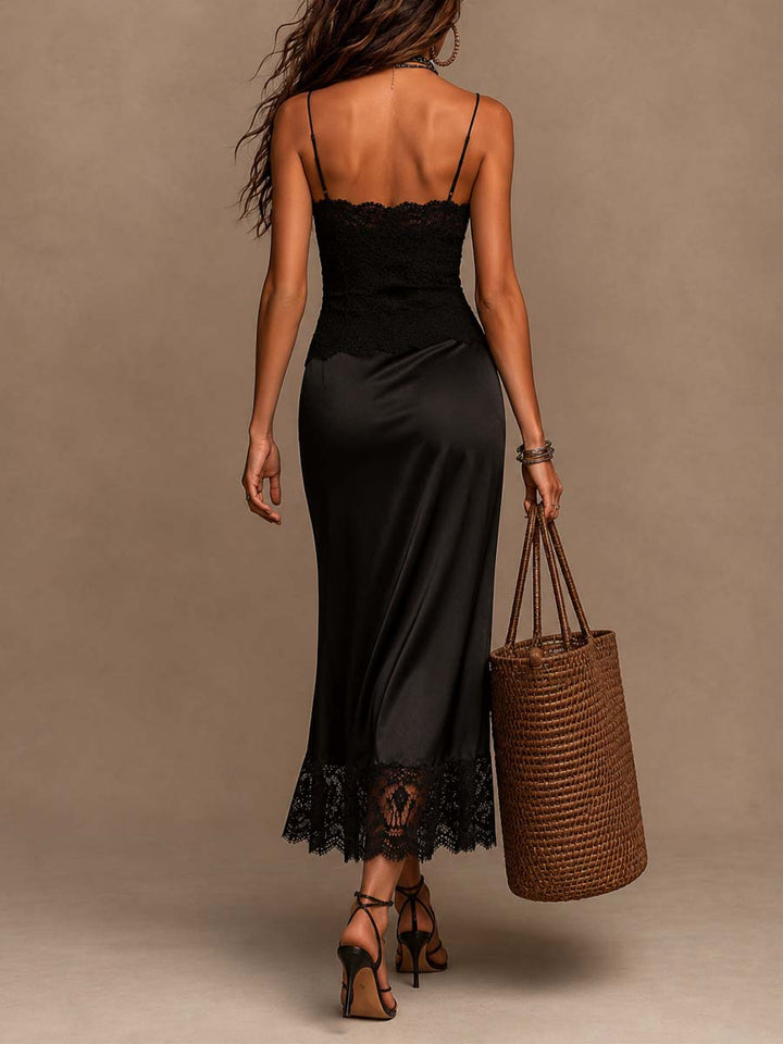 Retro Lace Camisole Midi Dress with Satin Lace Hem