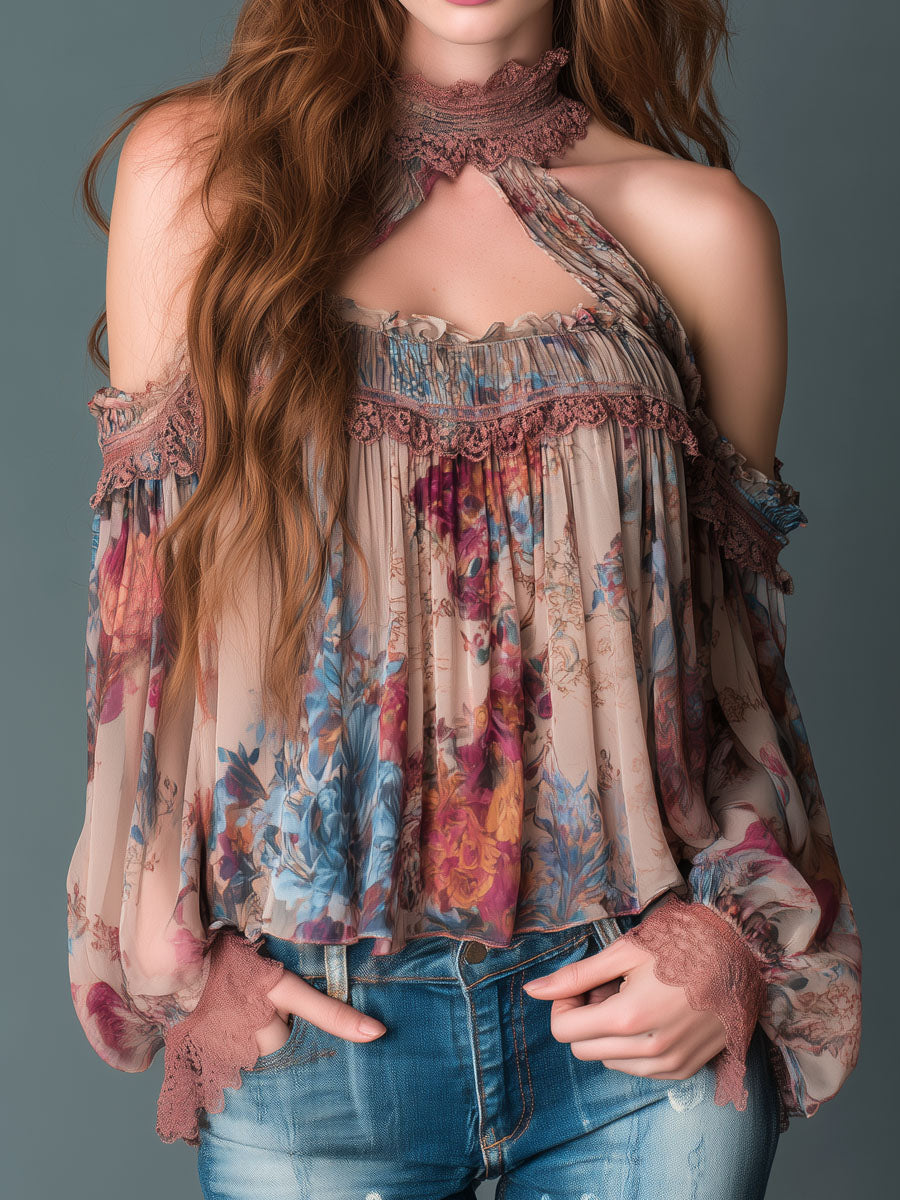Boho Blush Floral Chiffon Μπλούζα με Ανοιχτούς Ώμους και Χαμηλό Λαιμό