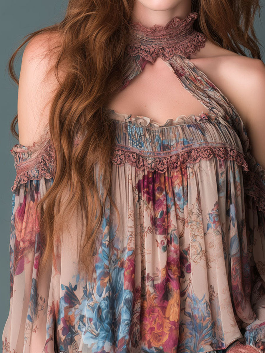 Boho Blush Floral Chiffon Μπλούζα με Ανοιχτούς Ώμους και Χαμηλό Λαιμό