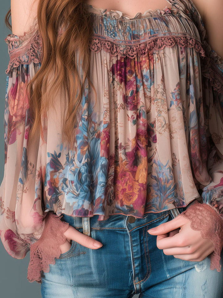 Boho Blush Floral Chiffon Μπλούζα με Ανοιχτούς Ώμους και Χαμηλό Λαιμό