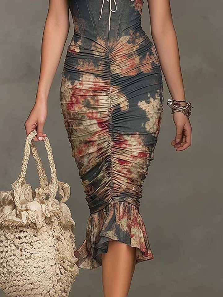 Vintage Floral Print Bohemian Satin Halter Midi Dress with Lace Trim
