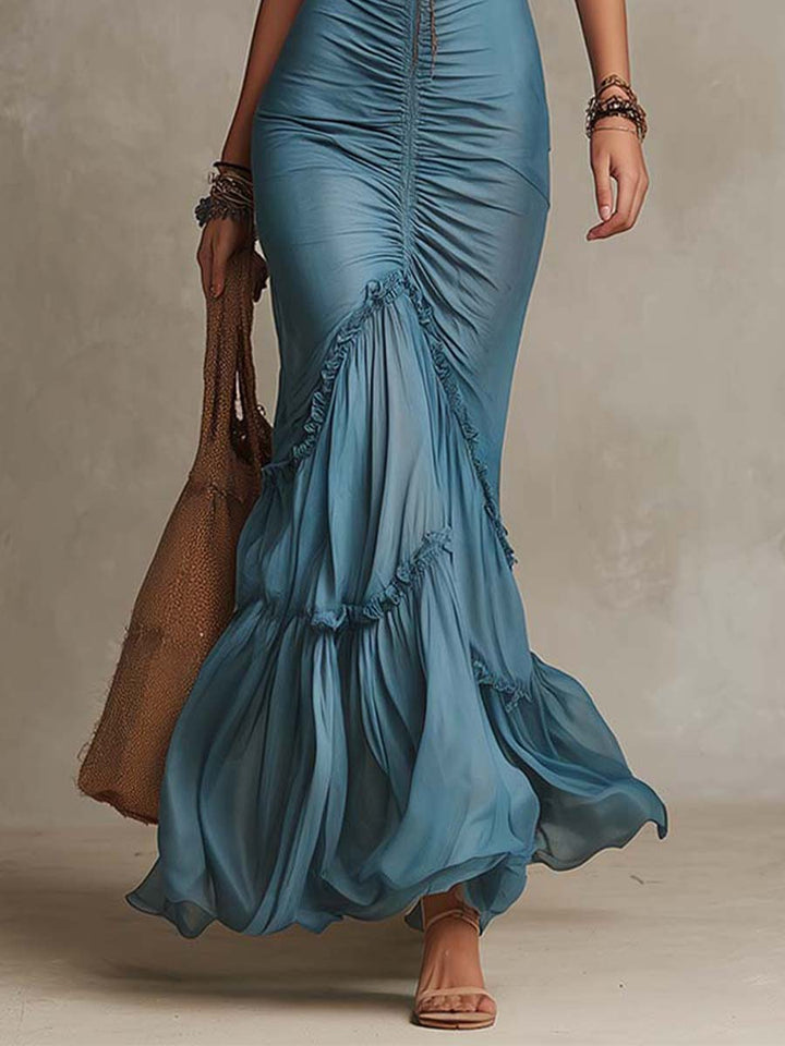 Μακρύ Σατέν Φόρεμα Mermaid με Στραπές Spaghetti