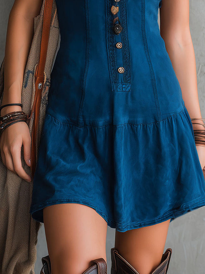 Boho Chic Indigo Embroidered Button Sleeveless Mini Dress