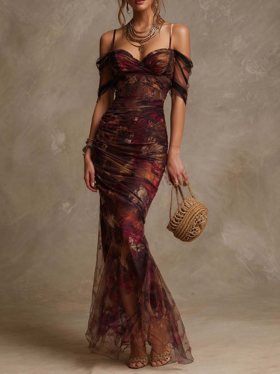 Retro Floral Off-the-Shoulder Ruched Mesh Mermaid Maxi Dress