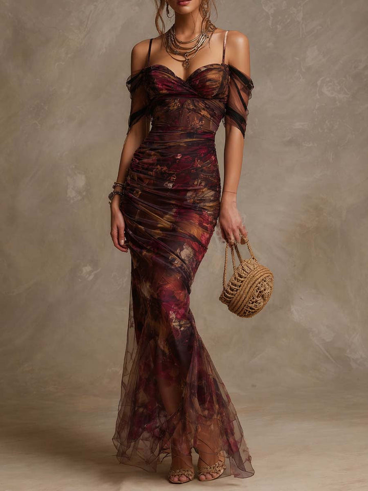 Retro Floral Off-the-Shoulder Ruched Mesh Mermaid Maxi Dress