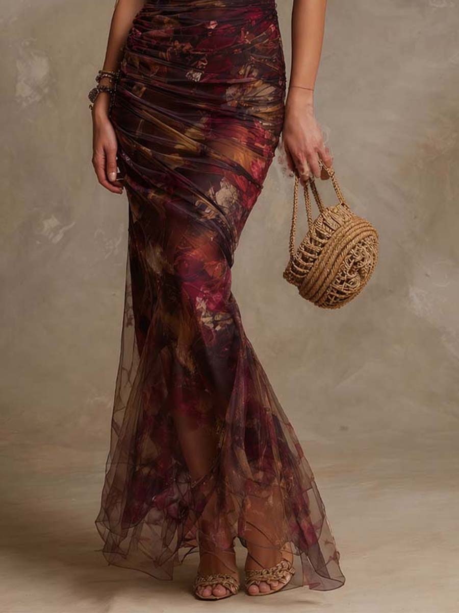 Retro Floral Off-the-Shoulder Ruched Mesh Mermaid Maxi Dress