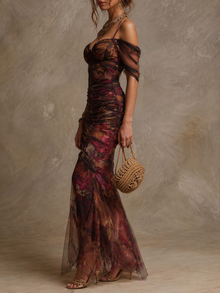 Retro Floral Off-the-Shoulder Ruched Mesh Mermaid Maxi Dress