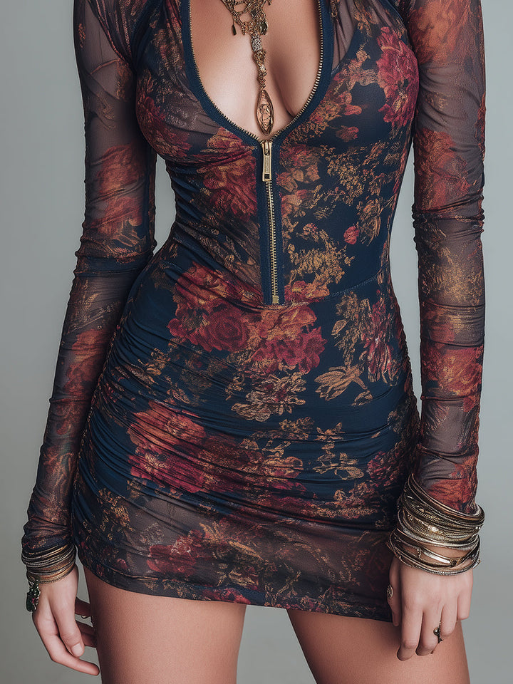 Floral Print Mesh Mini Dress with Front Zip - Elegant Comfort