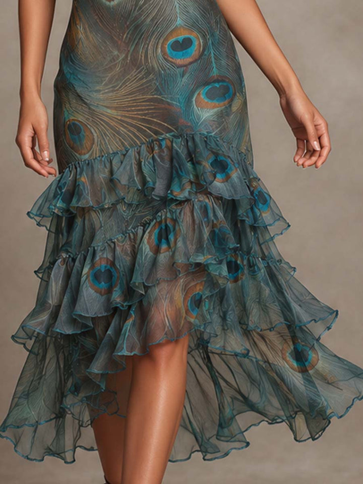 Retro Peacock Print Chiffon Halter Midi Dress with Tiered Ruffles