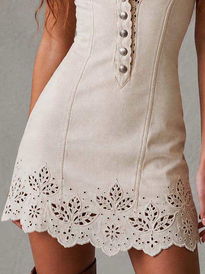 Retro-Inspired Pure Cotton Mini Dress with Cutwork Embroidered Hem