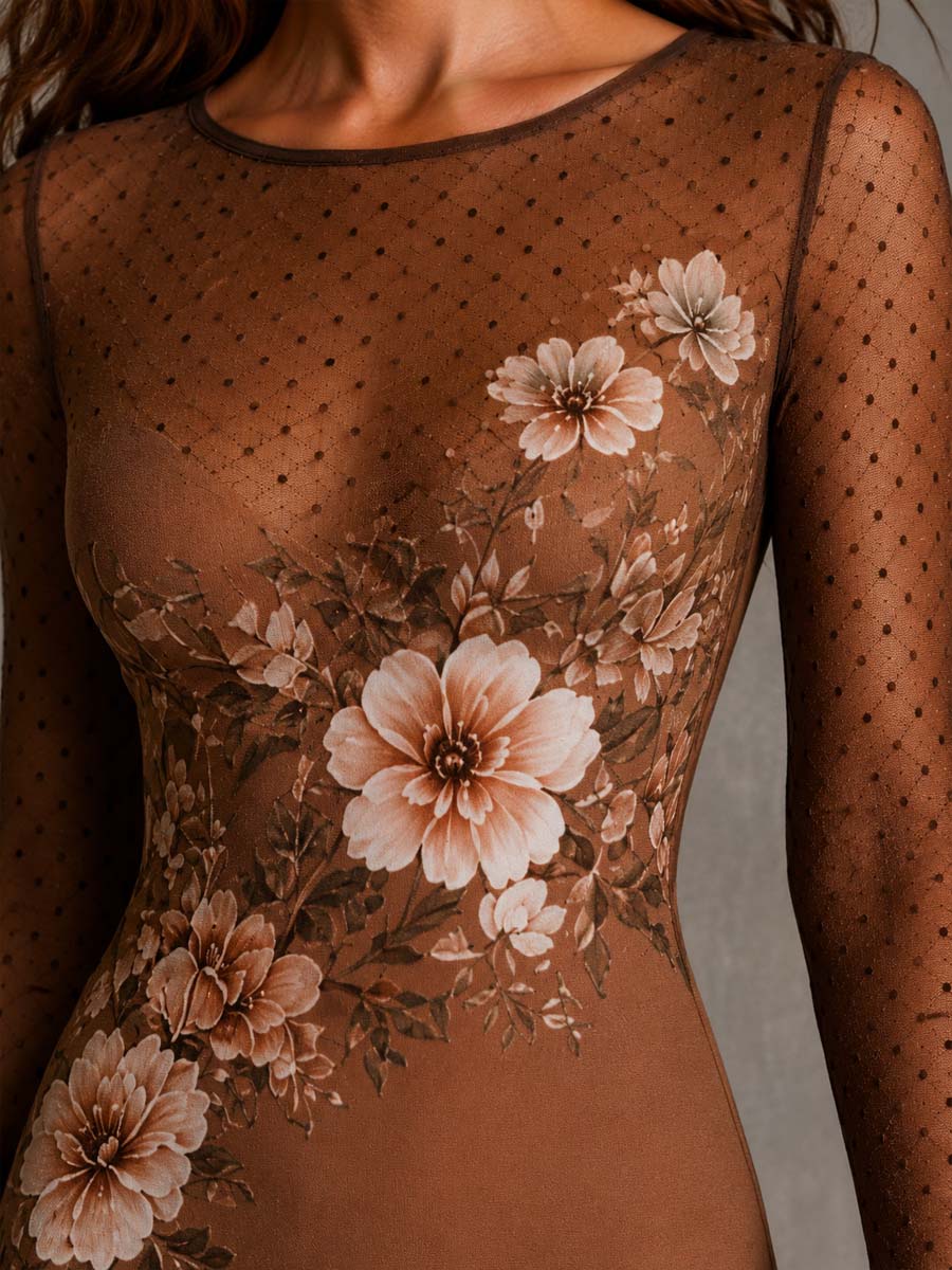 Retro Floral Polka Dot Mesh Long Sleeve Bodycon Midi Dress