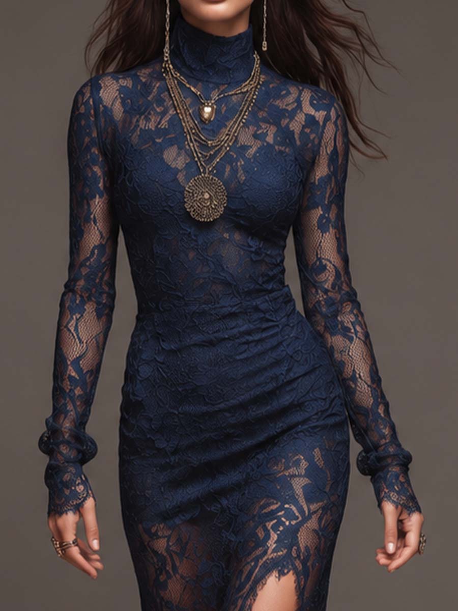 Ρομαντικό Μποέμ Midi Bodycon Φόρεμα με Υψηλό Λαιμό, Μακριά Μανίκια και Σκαλιστό Λουλουδάτο Δαντελένιο Σχίσιμο