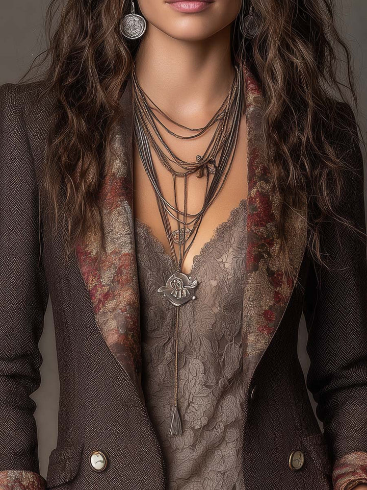 Vintage Herringbone Σακάκι με Λουλουδάτο Σχέδιο