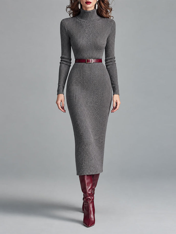 Κομψό Midi Φόρεμα Slim-fit Με Υψηλό Λαιμό Και Ριπ Κόψιμο, Συμπεριλαμβάνει Ζώνη