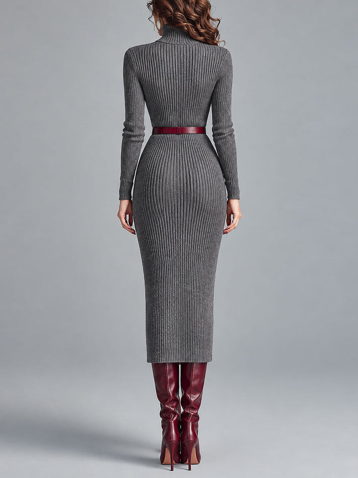 Κομψό Midi Φόρεμα Slim-fit Με Υψηλό Λαιμό Και Ριπ Κόψιμο, Συμπεριλαμβάνει Ζώνη