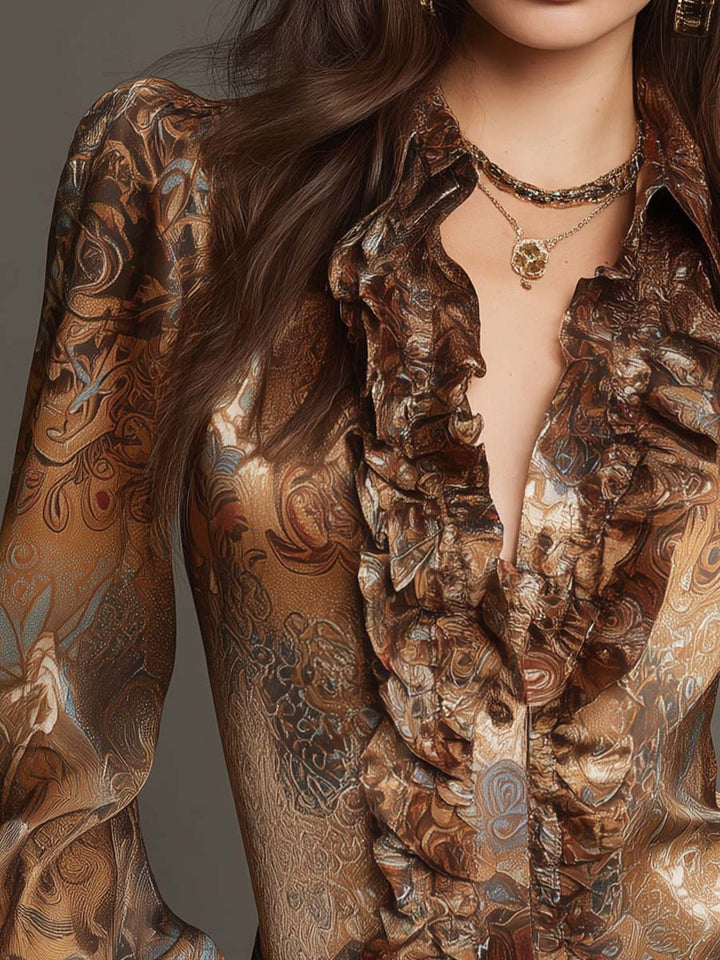 Retro Paisley Satin Ruffled V-Neck Top