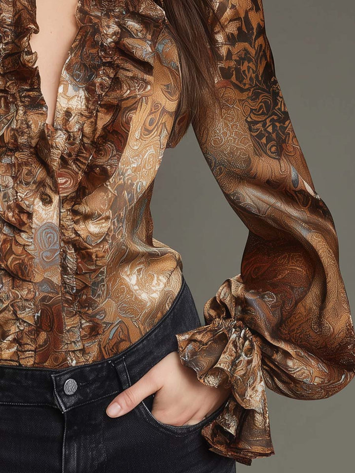 Retro Paisley Satin Ruffled V-Neck Top