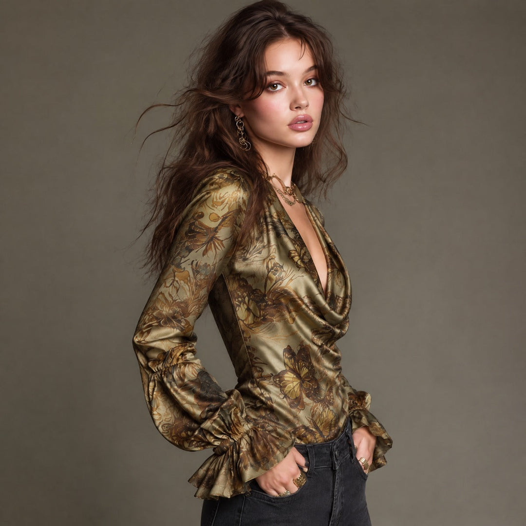 Retro Butterfly Print Satin Cowl Neck Top with Ruffled Sleeves