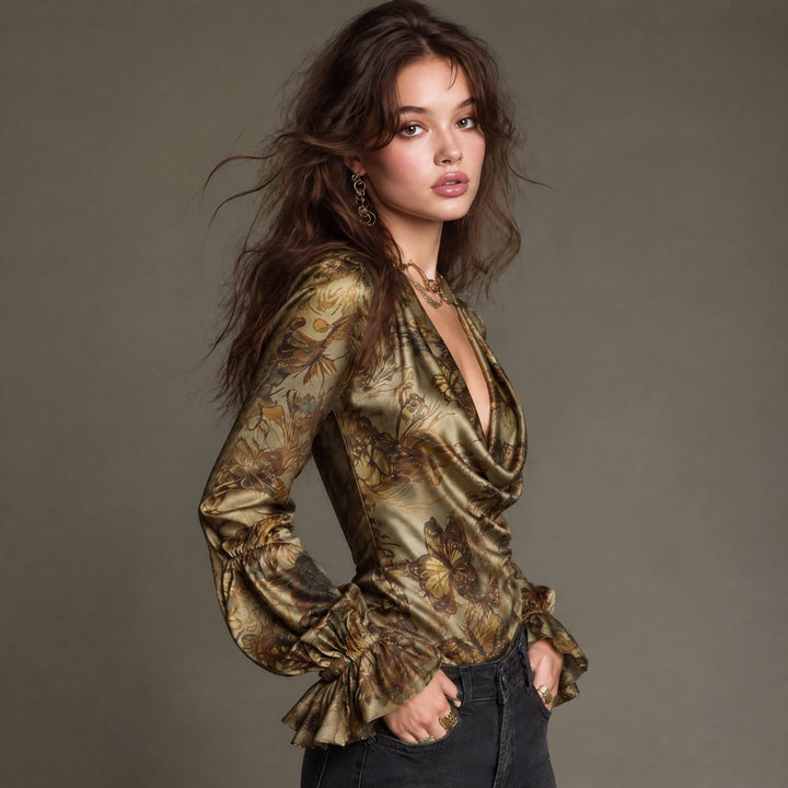 Retro Butterfly Print Satin Cowl Neck Top with Ruffled Sleeves