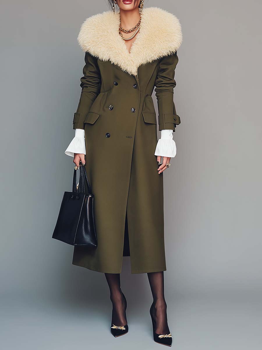 Retro Olive Green Trench Coat with Removable Fur Collar