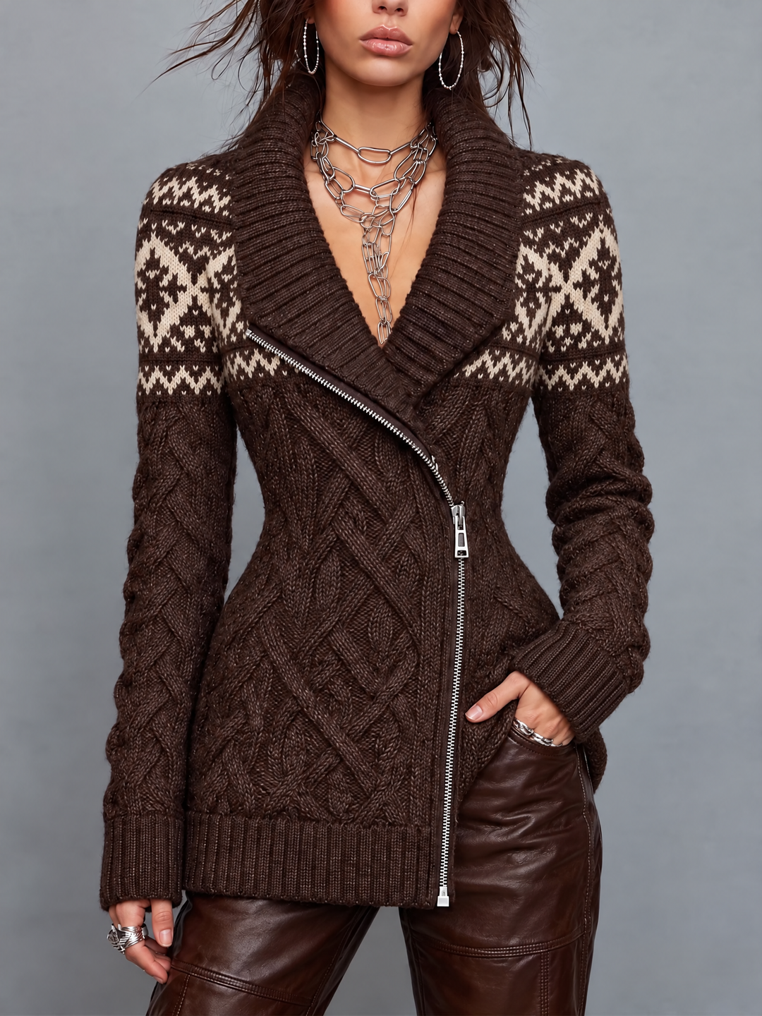 Vintage Fair Isle Καλσόν Ζακέτα με Ζipper
