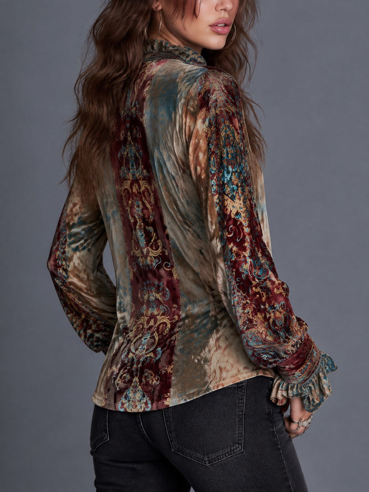 Βελούδινη Μπλούζα με Boho Paisley Εκτύπωση, Μπροστινό Φερμουάρ και Ρίγες