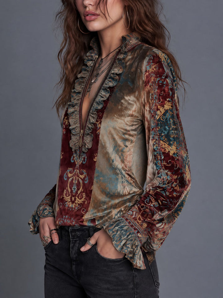 Βελούδινη Μπλούζα με Boho Paisley Εκτύπωση, Μπροστινό Φερμουάρ και Ρίγες