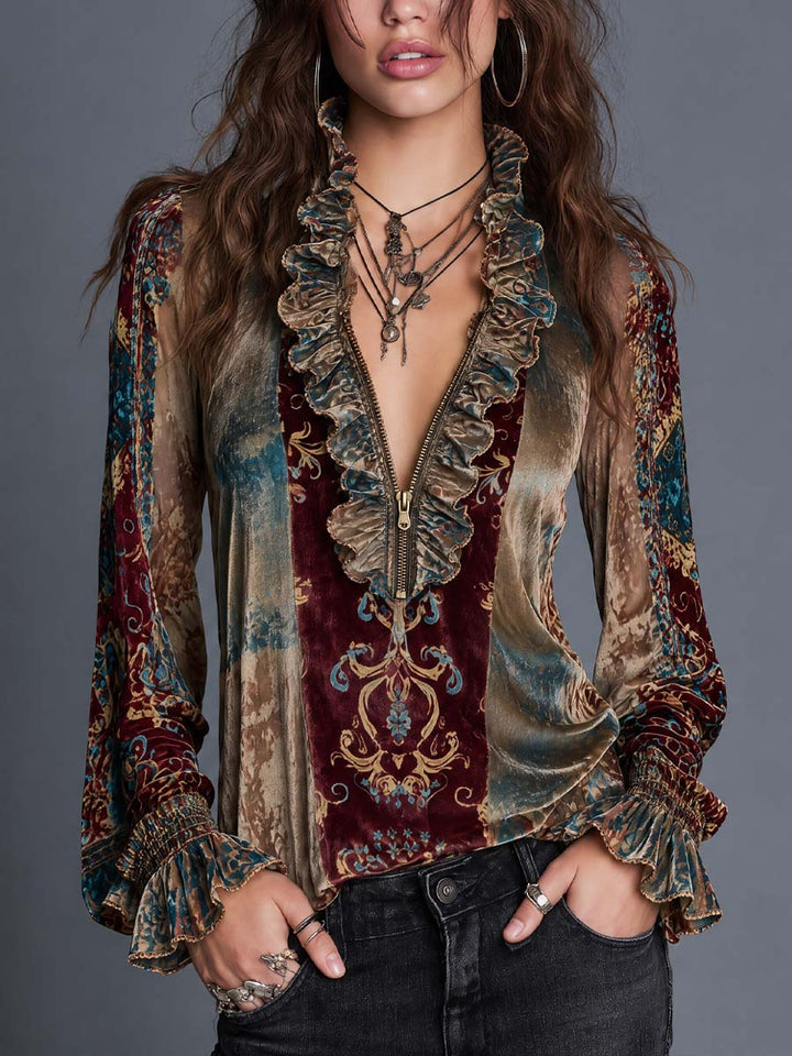 Βελούδινη Μπλούζα με Boho Paisley Εκτύπωση, Μπροστινό Φερμουάρ και Ρίγες